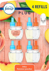 Febreze Fade Defy Plug Air Freshener Refill – Juicy Summer Peaches Scented Oil for Cozy Bedroom Decor and Living Room Ambiance, 4 Count