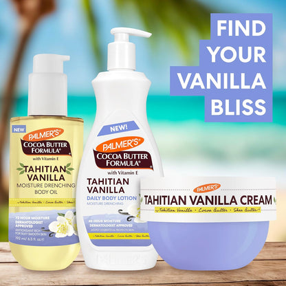 fast-absorbing, non-greasy cream texture with warm vanilla scent