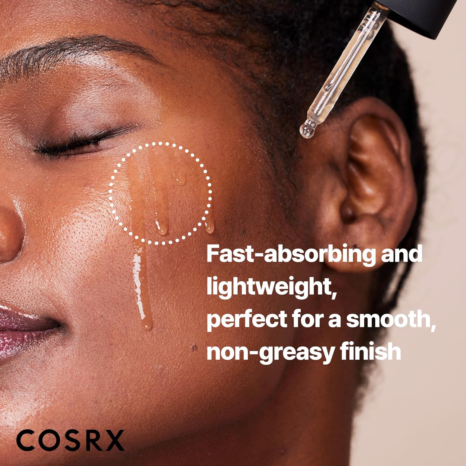 fast-absorbing, non-sticky serum finish in a 1.7 fl oz dropper bottle