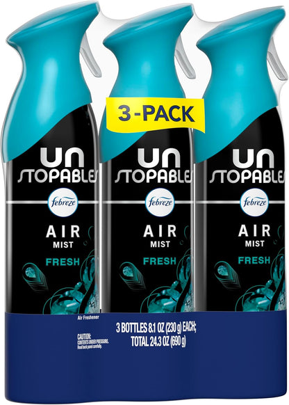 Febreze Air Mist – Unstopables Fresh Scent Spray for Cozy Living Room Ambiance, Odor Fighting Room Freshener 8.1oz Pack of 3