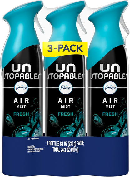Febreze Air Mist – Unstopables Fresh Scent Spray for Cozy Living Room Ambiance, Odor Fighting Room Freshener 8.1oz Pack of 3