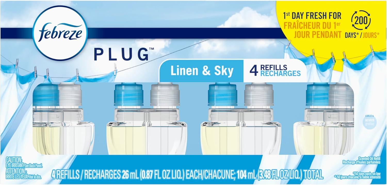 Febreze Fade Defy PLUG Air Freshener Refill, Linen & Sky 4-Pack — Scented Ambiance for Cozy Bedrooms and Styled Living Rooms