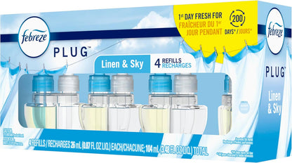 Febreze Fade Defy PLUG Air Freshener Refill, Linen & Sky 4-Pack — Scented Ambiance for Cozy Bedrooms and Styled Living Rooms