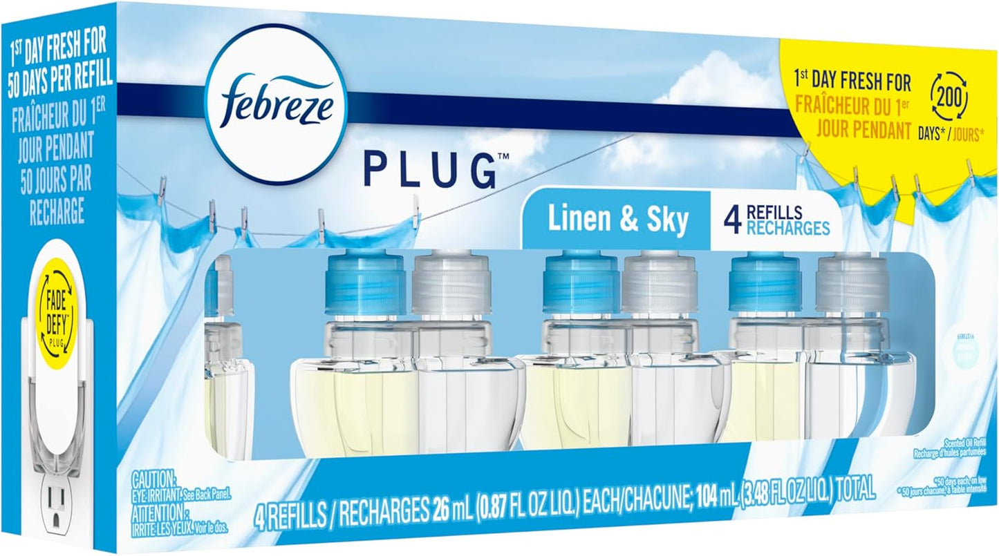 Febreze Fade Defy PLUG Air Freshener Refill, Linen & Sky 4-Pack — Scented Ambiance for Cozy Bedrooms and Styled Living Rooms