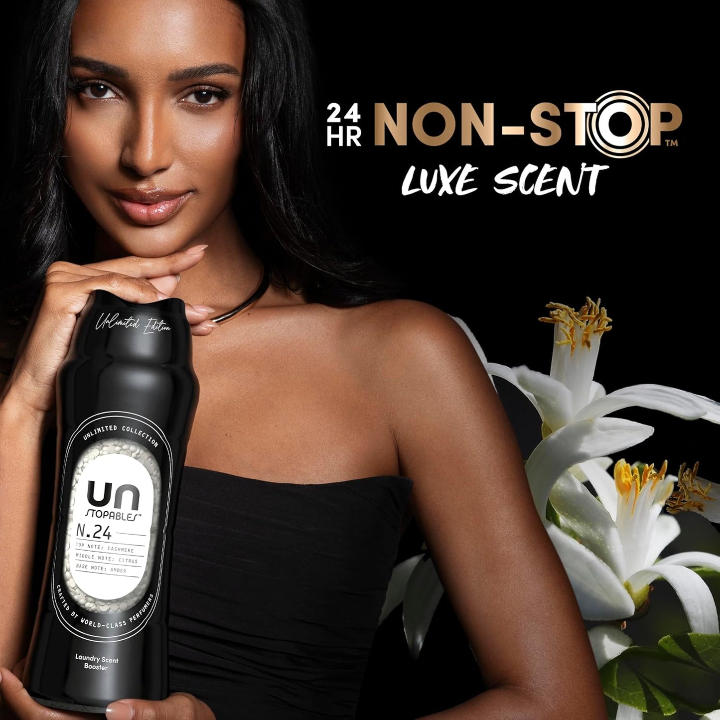 fine fragrance notes (cashmere warmth, citrus zest, amber richness, sandalwood) developed by world-class perfumers