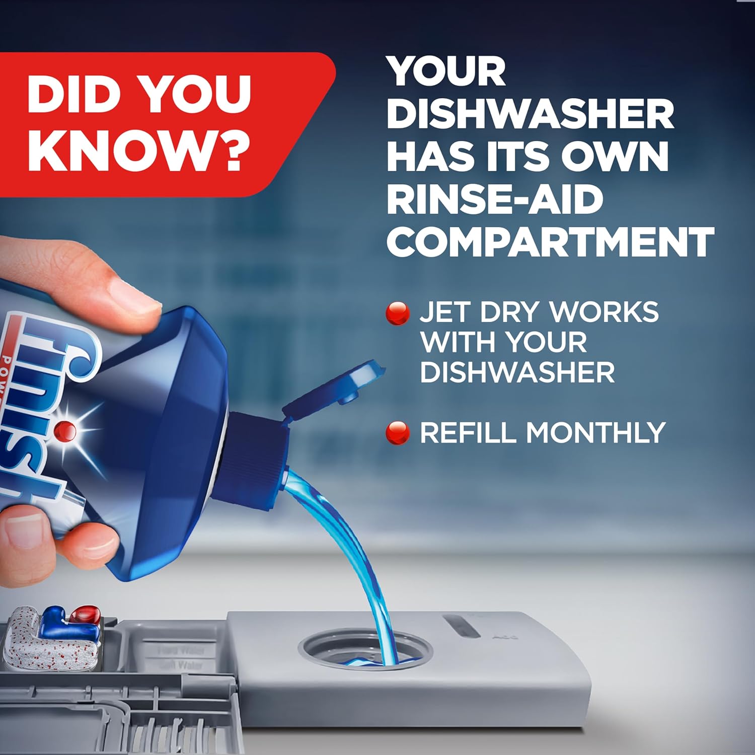 Finish Jet-Dry Dishwasher Rinse Aid for Busy Home Kitchens, Faster Streak-Free Drying After Every Cycle