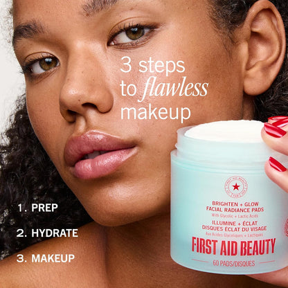 First Aid Beauty Brighten + Glow Facial Radiance Pads – Clean One-Step Exfoliation for Minimalist Vanities, Glycolic + Lactic Pads