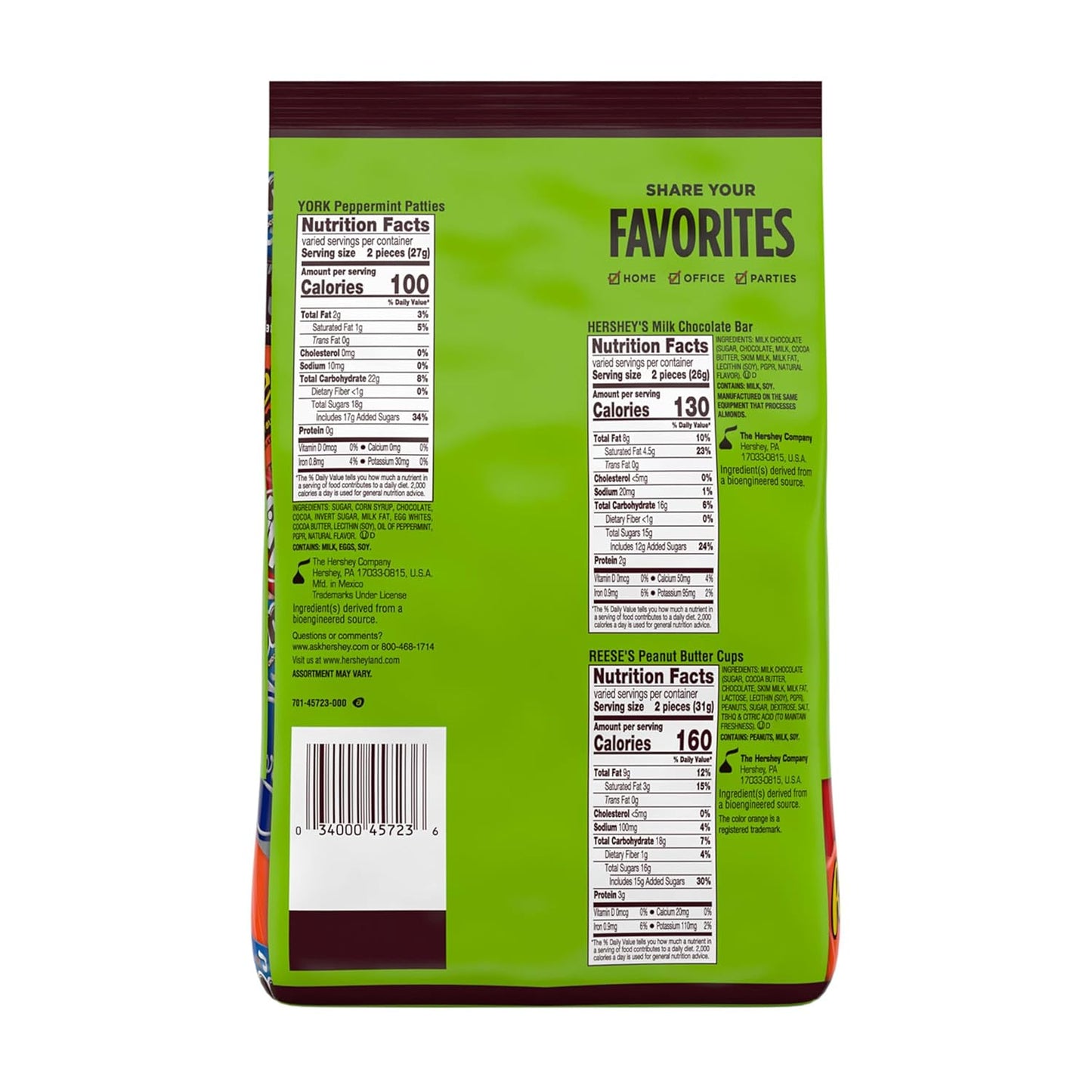 five-brand variety: hershey's milk chocolate bars, york peppermint patties, reese's peanut butter cups, almond joy coconut bars, and kit kat wafer bars