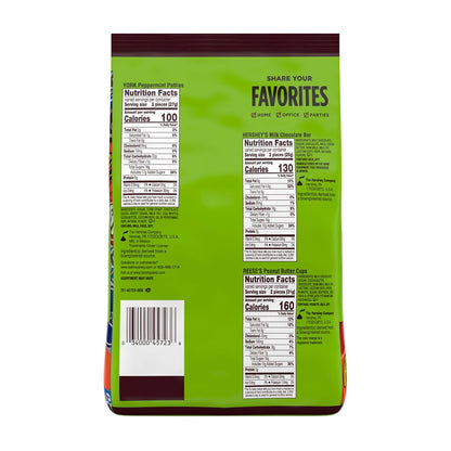 five-brand variety: hershey's milk chocolate bars, york peppermint patties, reese's peanut butter cups, almond joy coconut bars, and kit kat wafer bars
