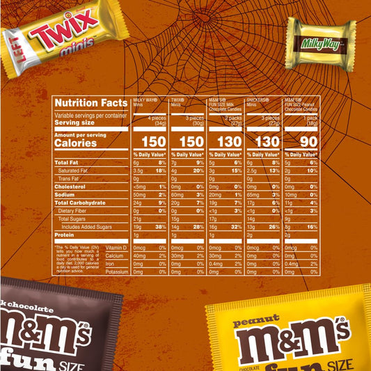 five-brand variety: m&m's milk chocolate, m&m's peanut, snickers minis, twix minis, milky way minis