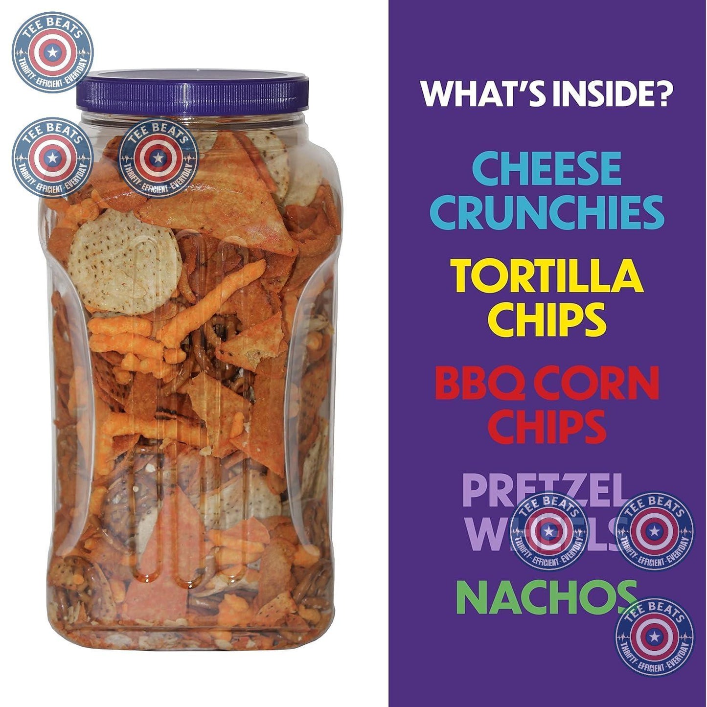 five-component mix: corn tortillas, nacho tortillas, pretzel wheels, bbq corn chips, and cheese curls