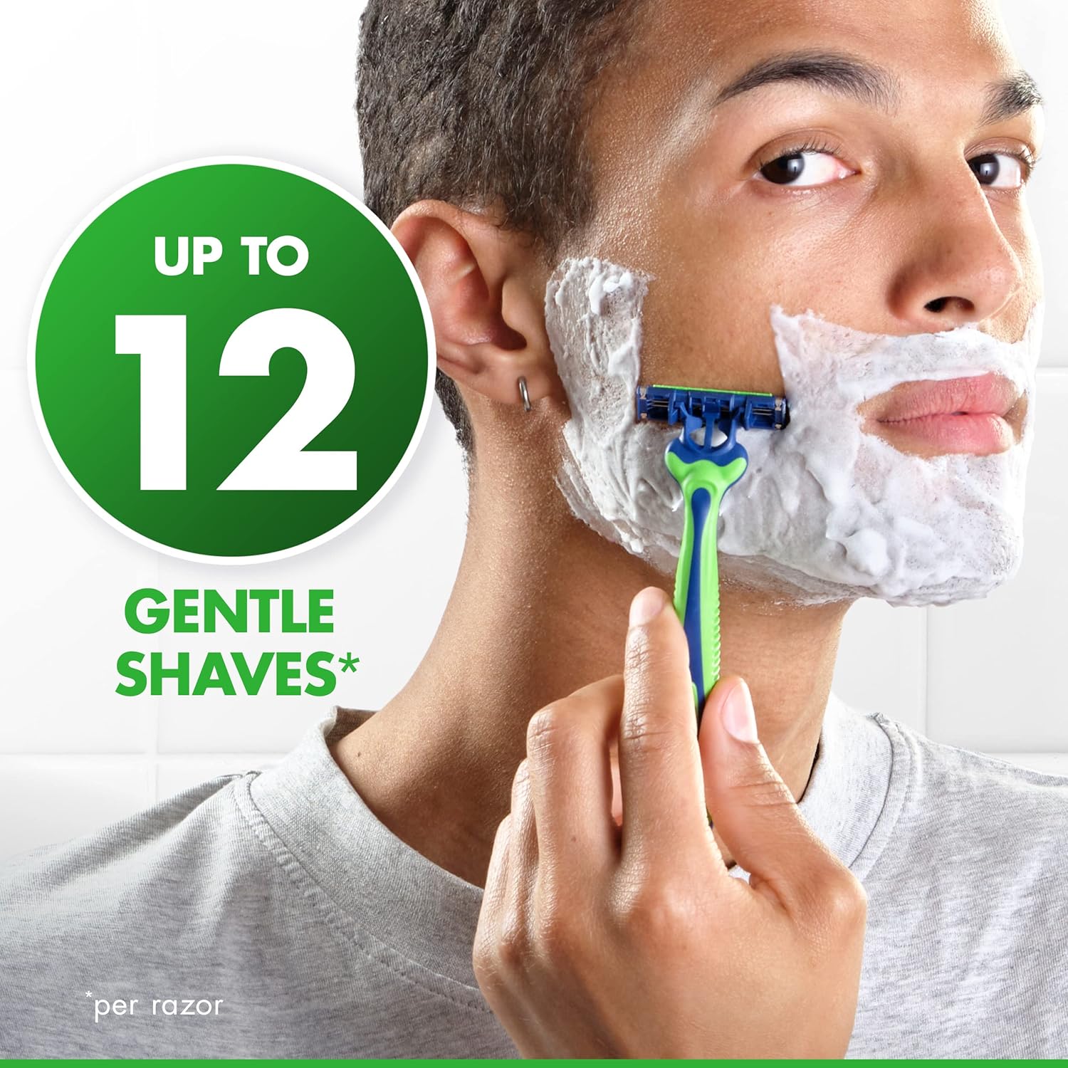 five elastomer skin-guard fins that stretch skin for a smoother shaving surface