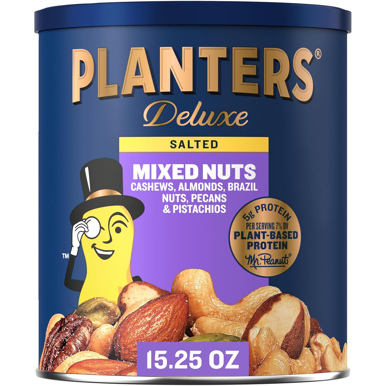 five-nut blend: cashews, almonds, hazelnuts, pistachios, and pecans (deluxe/salted variants include brazil nuts per description)