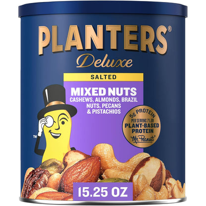 five-nut blend: cashews, almonds, hazelnuts, pistachios, and pecans (deluxe/salted variants include brazil nuts per description)