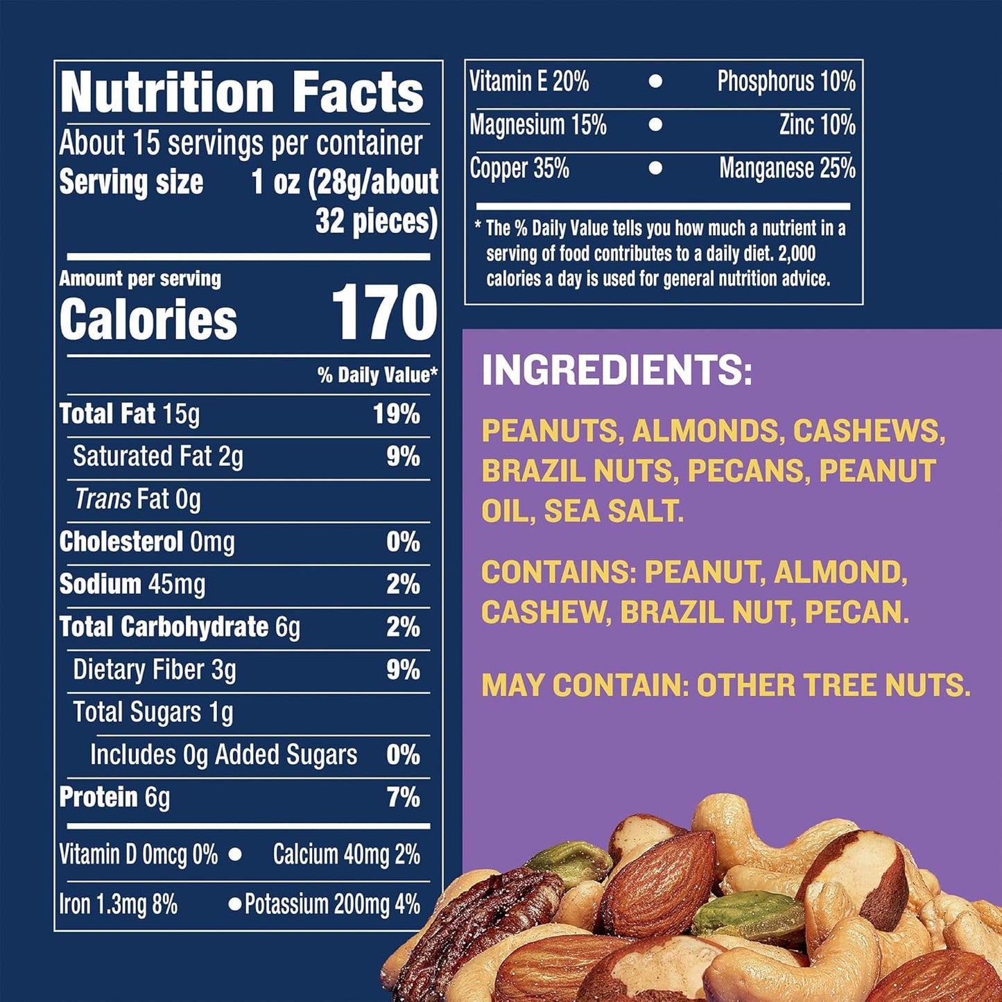 five-nut blend: peanuts, almonds, cashews, hazelnuts (filberts), pecans