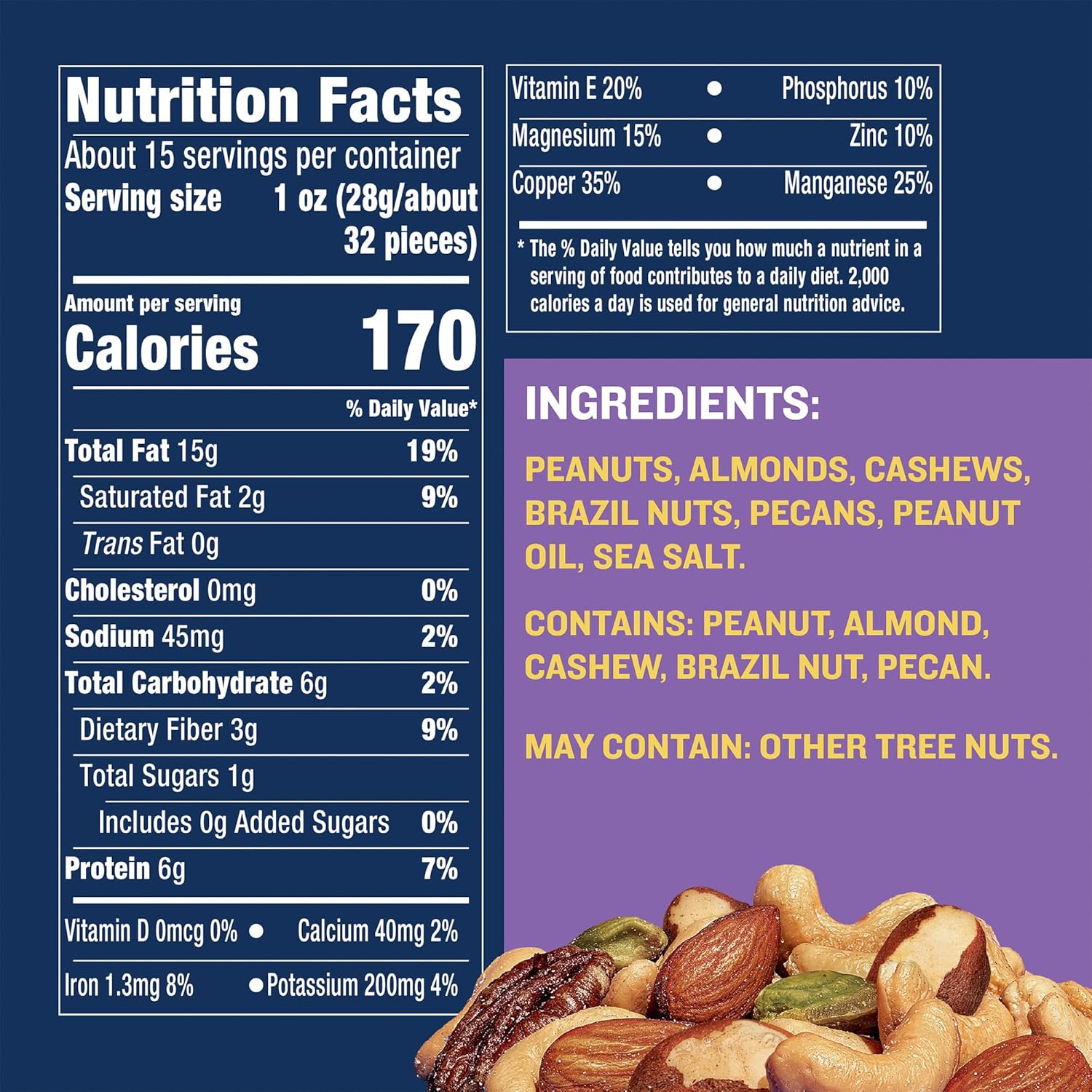 five-nut blend: peanuts, almonds, cashews, hazelnuts (filberts), pecans