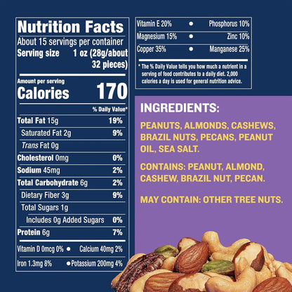 five-nut blend: peanuts, almonds, cashews, hazelnuts (filberts), pecans