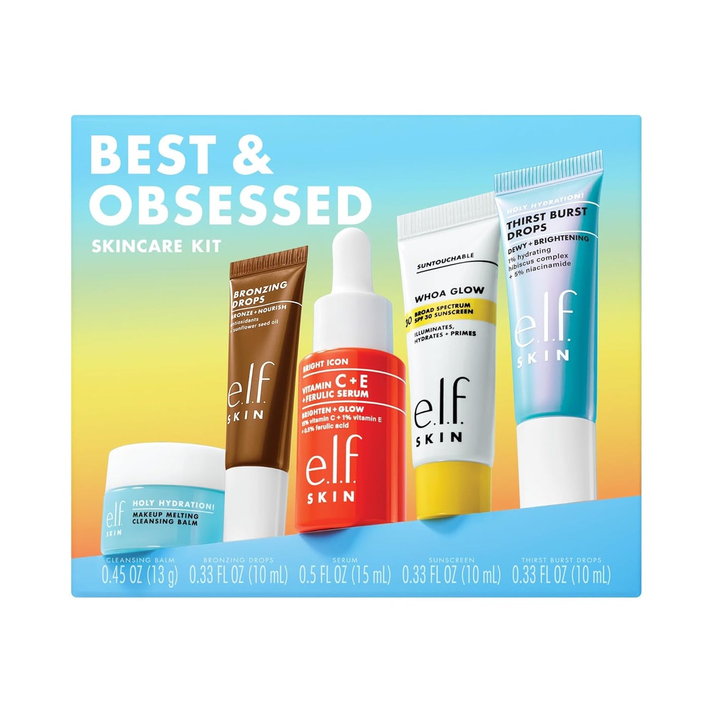five-piece travel-size kit: makeup melting cleansing balm, bronzing drops, thirst burst drops, vitamin c + e + ferulic acid serum, and suntouchable whoa glow spf 30