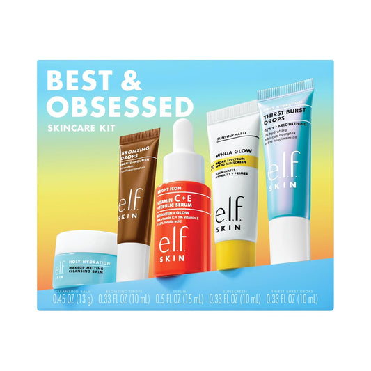 five-piece travel-size kit: makeup melting cleansing balm, bronzing drops, thirst burst drops, vitamin c + e + ferulic acid serum, and suntouchable whoa glow spf 30