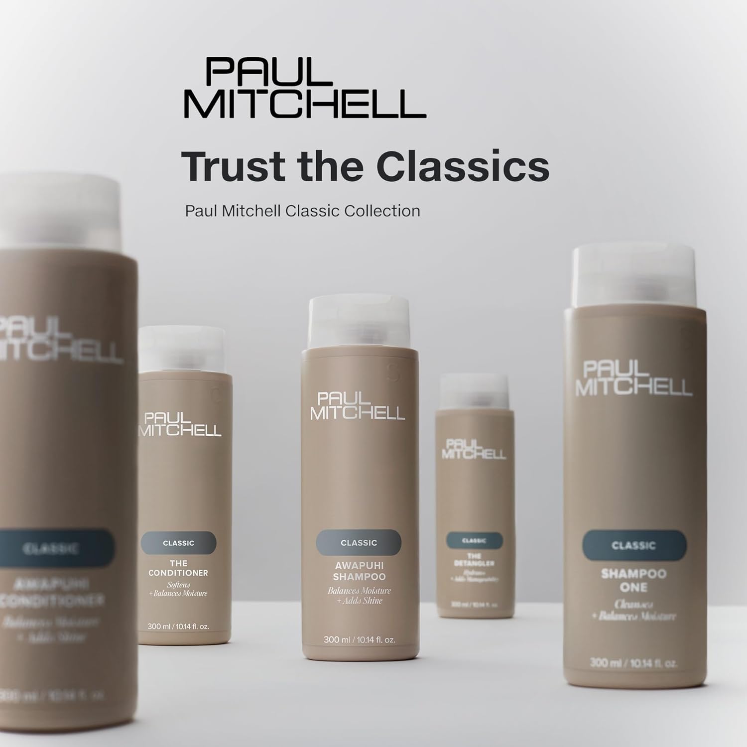 five size variants: 2.5 oz travel, 3.4 oz standard, 10.14 oz, 16.9 oz, and 33.8 oz professional