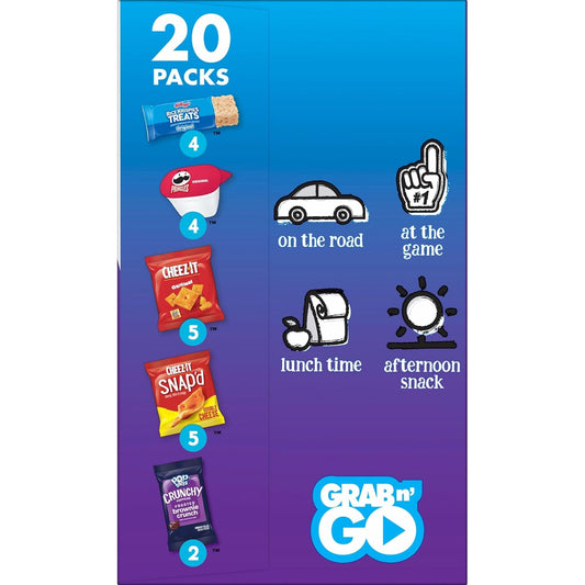five snack varieties included: cheez-it original, cheez-it snap'd double cheese, pringles original cups, rice krispies treats original, and pop-tarts crunchy poppers frosted brownie crunch