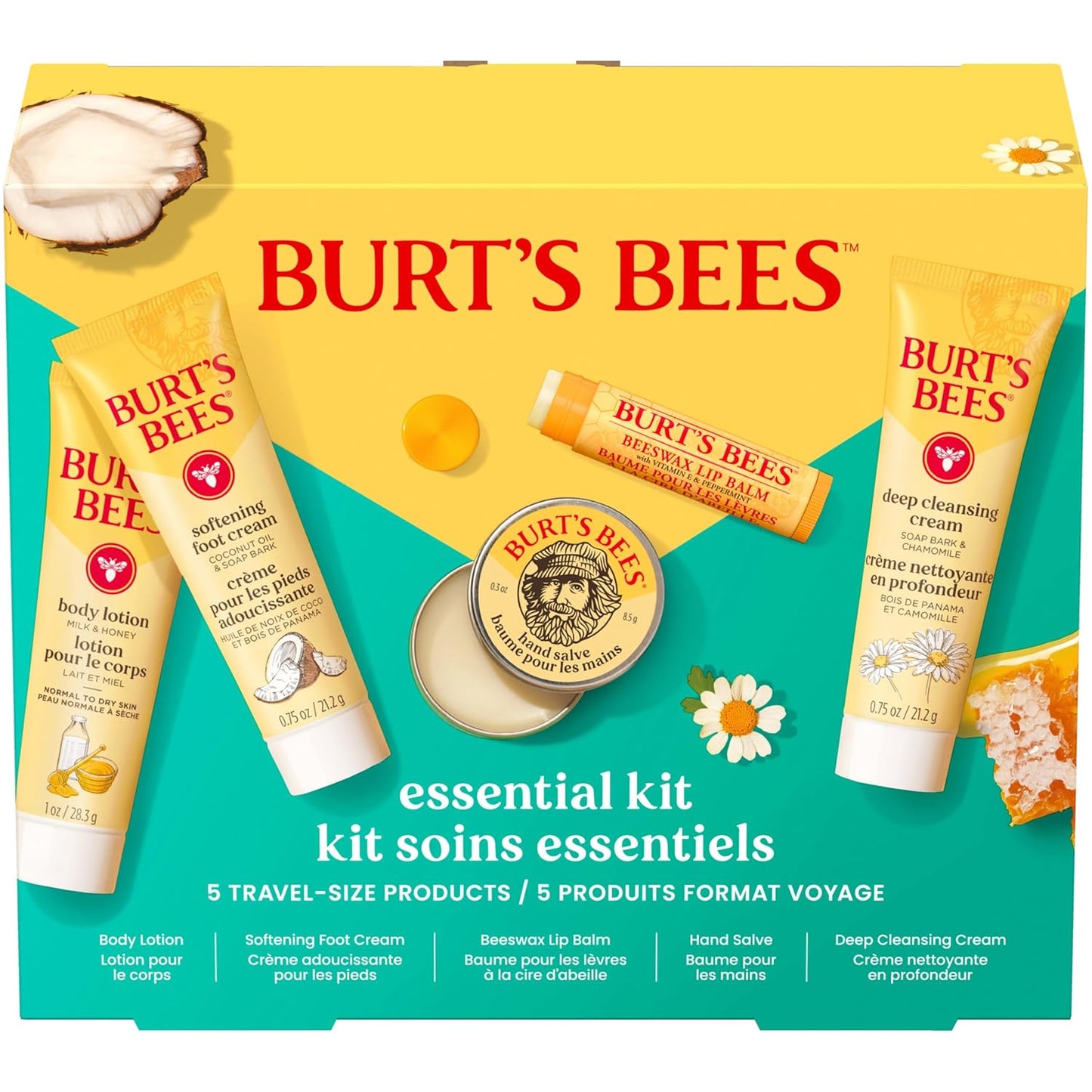 five travel-size products in one kit: 0.75 oz deep cleansing cream, 1 oz milk and honey body lotion, 0.3 oz hand salve, 0.75 oz softening foot cream, and 0.15 oz beeswax lip balm