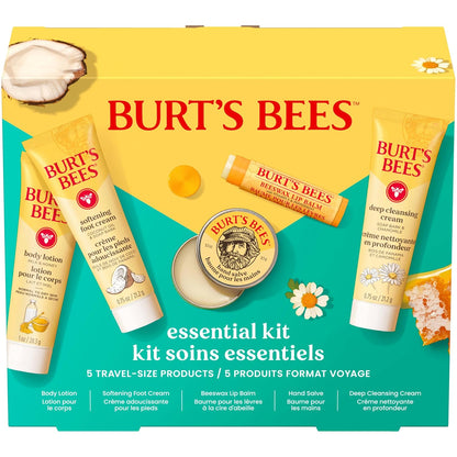 five travel-size products in one kit: 0.75 oz deep cleansing cream, 1 oz milk and honey body lotion, 0.3 oz hand salve, 0.75 oz softening foot cream, and 0.15 oz beeswax lip balm