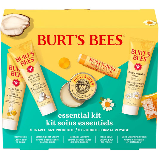 five travel-size products in one kit: 0.75 oz deep cleansing cream, 1 oz milk and honey body lotion, 0.3 oz hand salve, 0.75 oz softening foot cream, and 0.15 oz beeswax lip balm