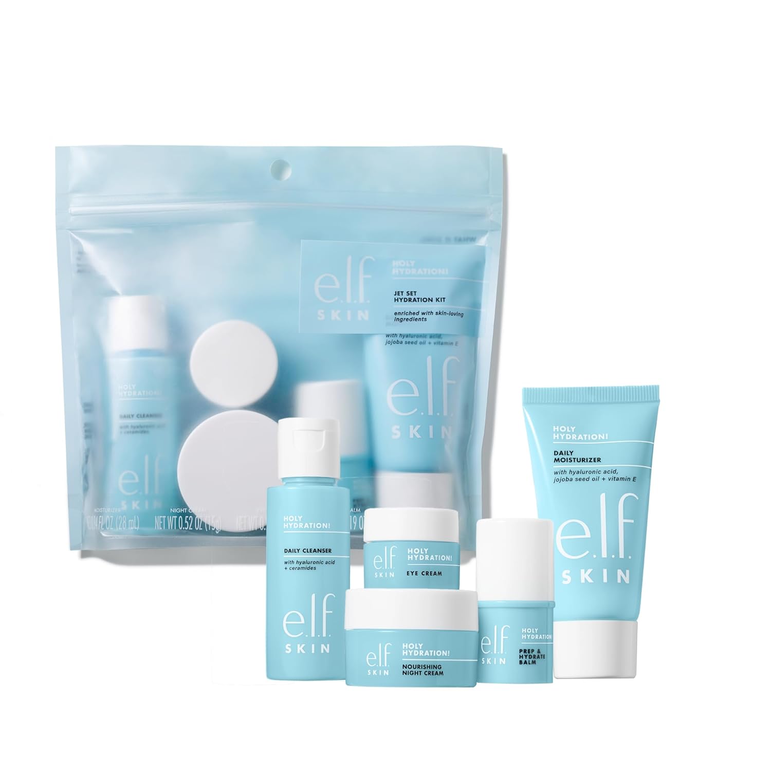 five tsa-ready products: 30ml cleanser, 6g balm, 25ml moisturizer, 7g eye cream, 15ml night cream
