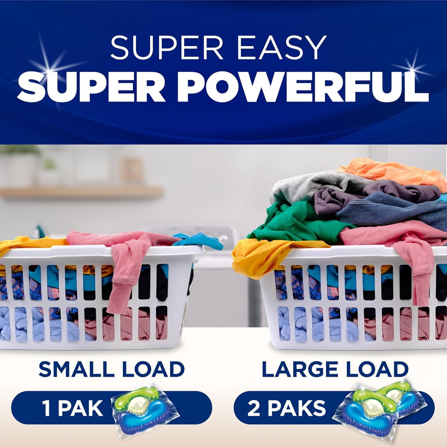 flexible dosing system: one pak for regular loads, two paks for large or heavily soiled loads