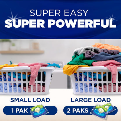 flexible dosing system: one pak for regular loads, two paks for large or heavily soiled loads