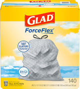 Glad ForceFlex 13 Gallon Tall Kitchen Trash Bags – Odor-Locking Fresh Clean Scent for Family-Safe Kitchens, 140 Count