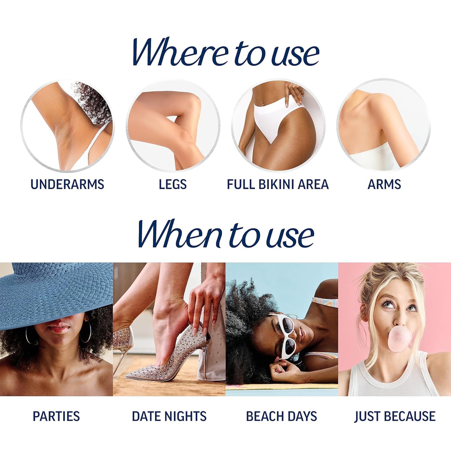 formulated for use on full bikini and pubic area, arms, legs, underarms, and body
