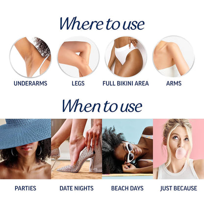 formulated for use on full bikini and pubic area, arms, legs, underarms, and body
