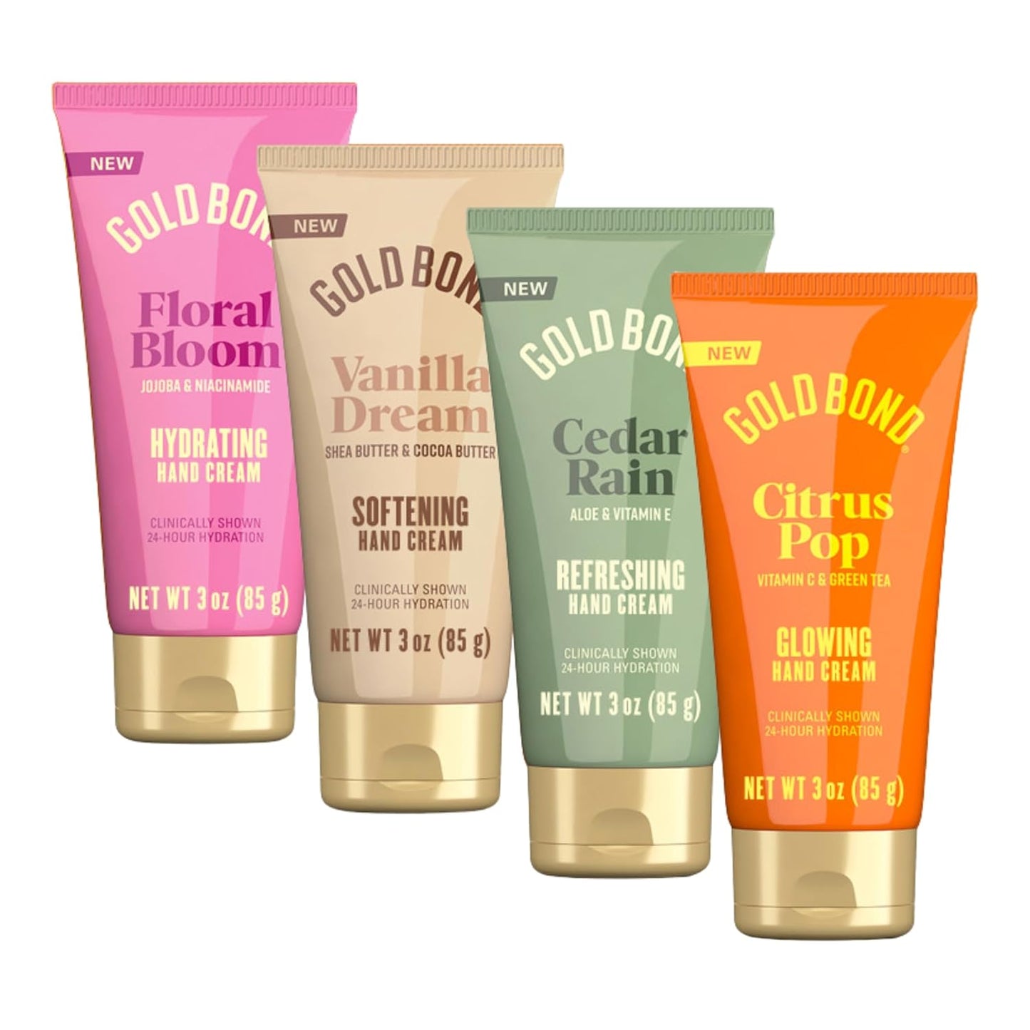 four 3 oz bottles in one set covering floral bloom, cedar rain, citrus pop, and vanilla dream scents