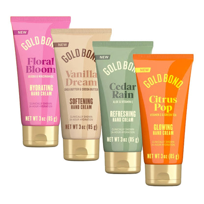 four 3 oz bottles in one set covering floral bloom, cedar rain, citrus pop, and vanilla dream scents