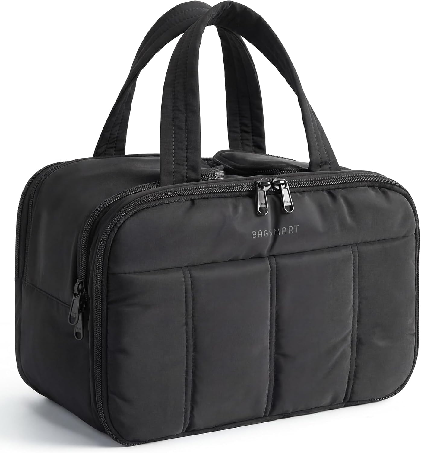 four-compartment layout with two mesh pockets, an elastic brush holder, and a transparent small-item pocket