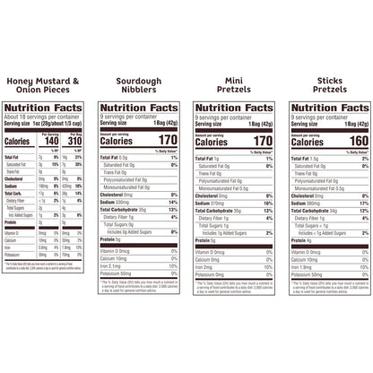 four flavor varieties: sourdough nibblers, pretzel sticks, honey mustard & onion pieces, and mini pretzels