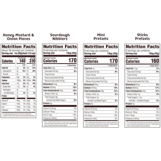 four flavor varieties: sourdough nibblers, pretzel sticks, honey mustard & onion pieces, and mini pretzels