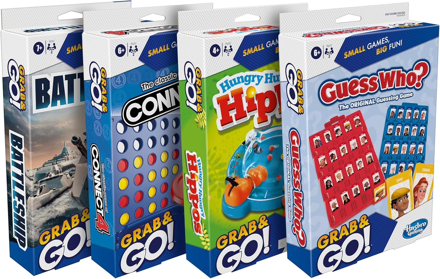 four-game bundle: battleship, connect 4, guess who?, and hungry hungry hippos in compact travel formats