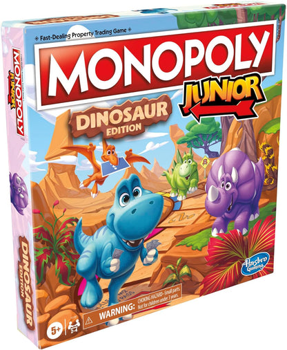 four plastic dinosaur toy tokens (brontosaurus, iguanadon, gigantosaurus, and more) used as movers