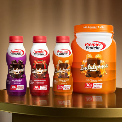 four premium flavor options in the indulgence line: salted caramel truffle, decadent dark chocolate, chocolate covered strawberry, and white chocolate raspberry