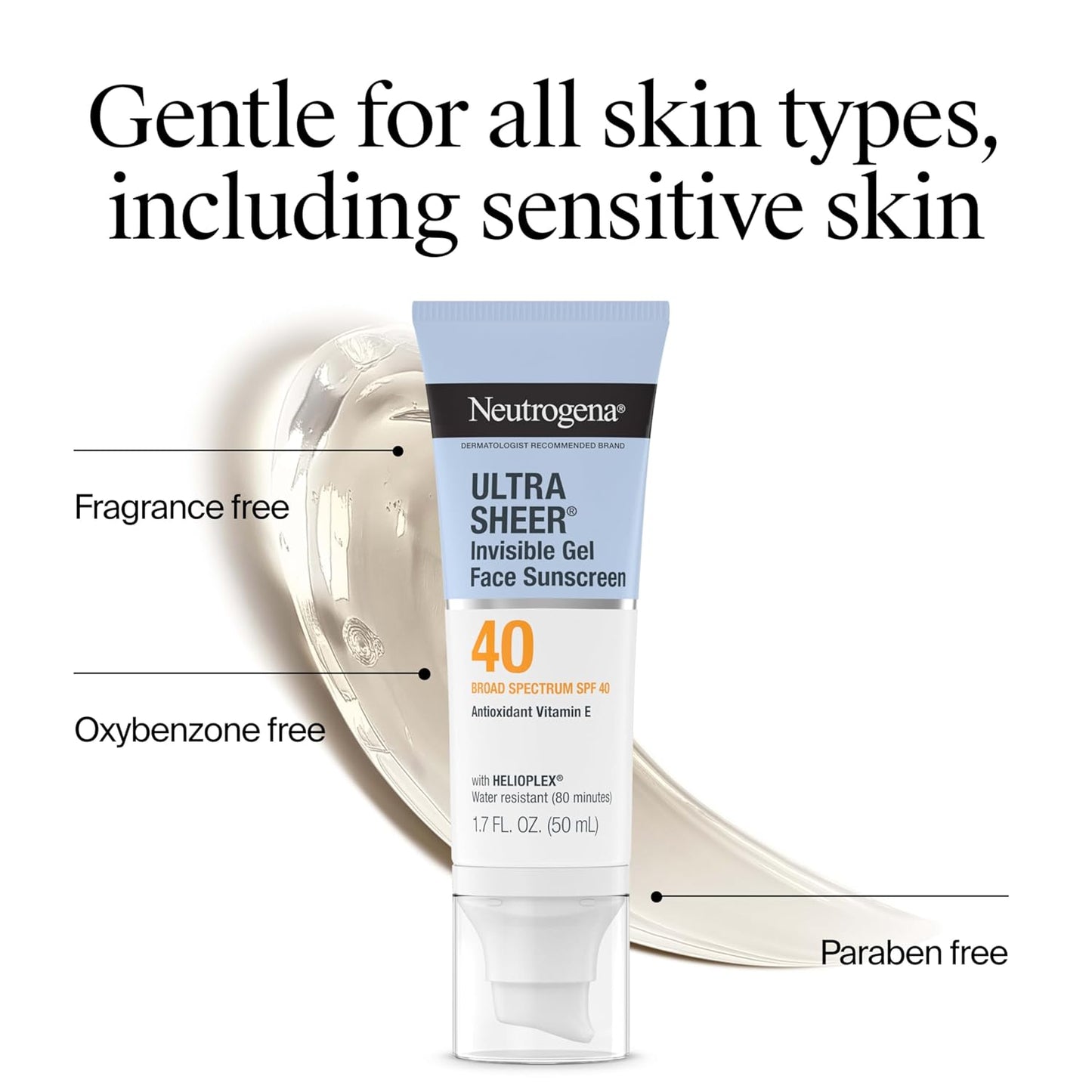 fragrance-free, oxybenzone-free, paraben-free formulation suitable for sensitive skin