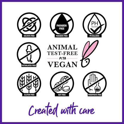 free-from formulation: no sulfates, parabens, phthalates; vegan and cruelty-free certified