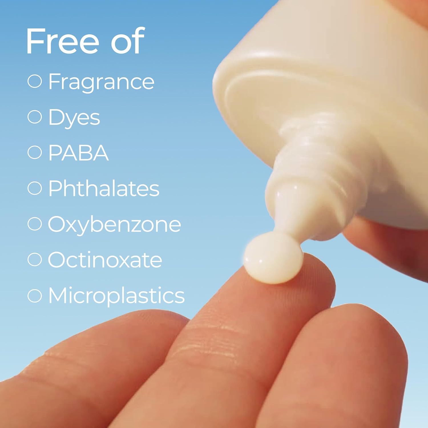 free from fragrance, dyes, paba, phthalates, octinoxate and oxybenzone