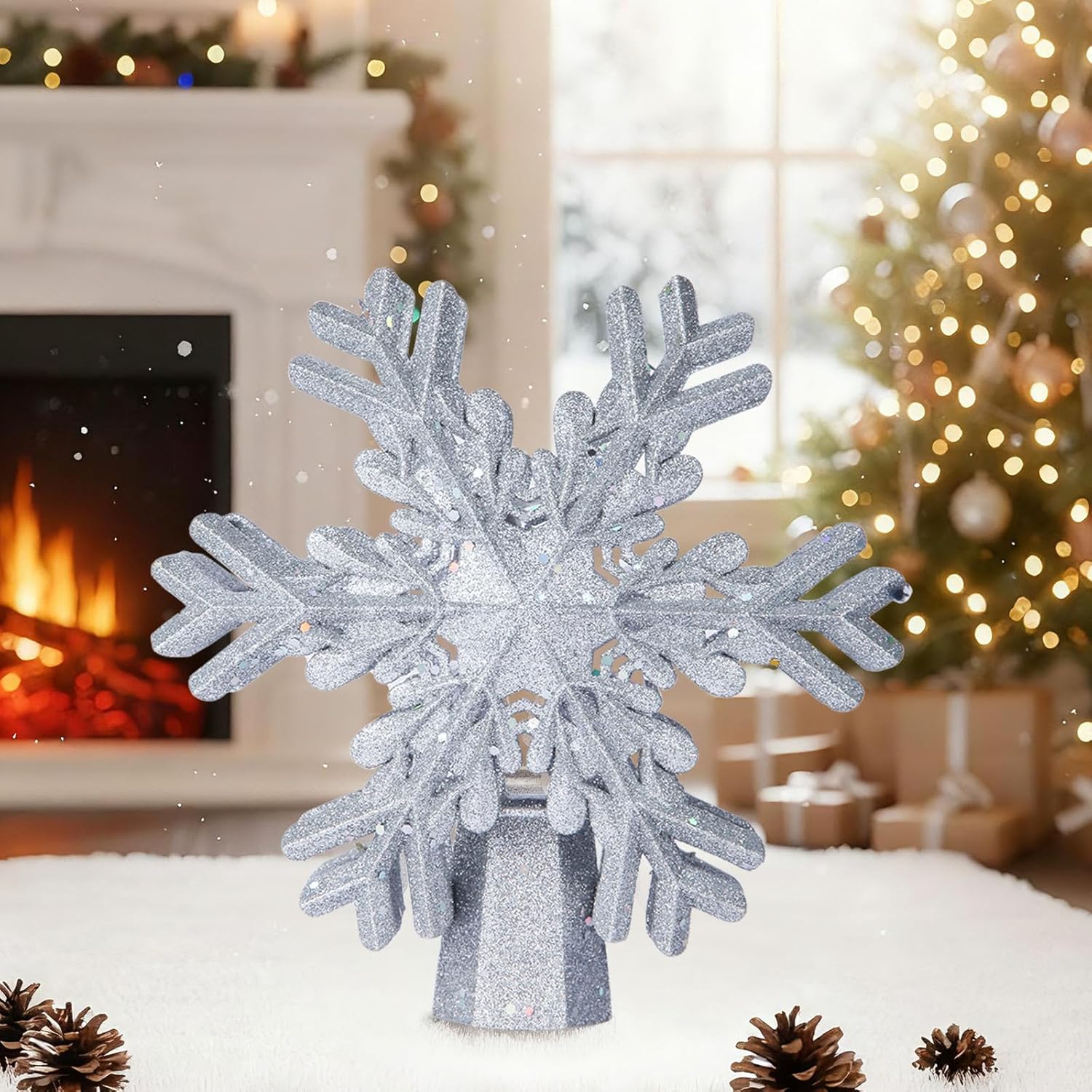 FrostyGlow Christmas Tree Topper – Versatile Outdoor and Patio Decor, Battery-Powered Rotating Snowflake with Light Projection