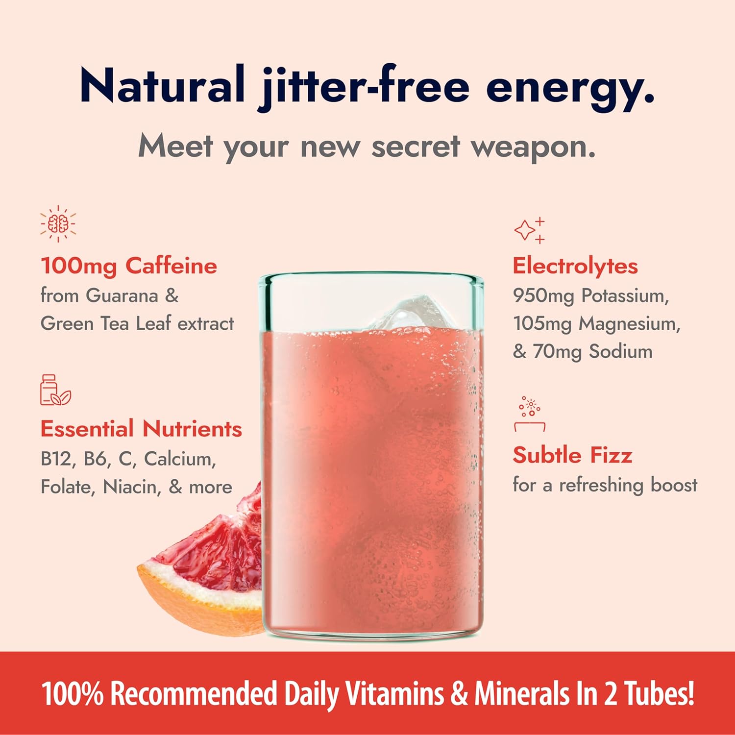 full-spectrum vitamin profile including 500mg vitamin c and 2500mcg b12 across a 2-tube daily serving