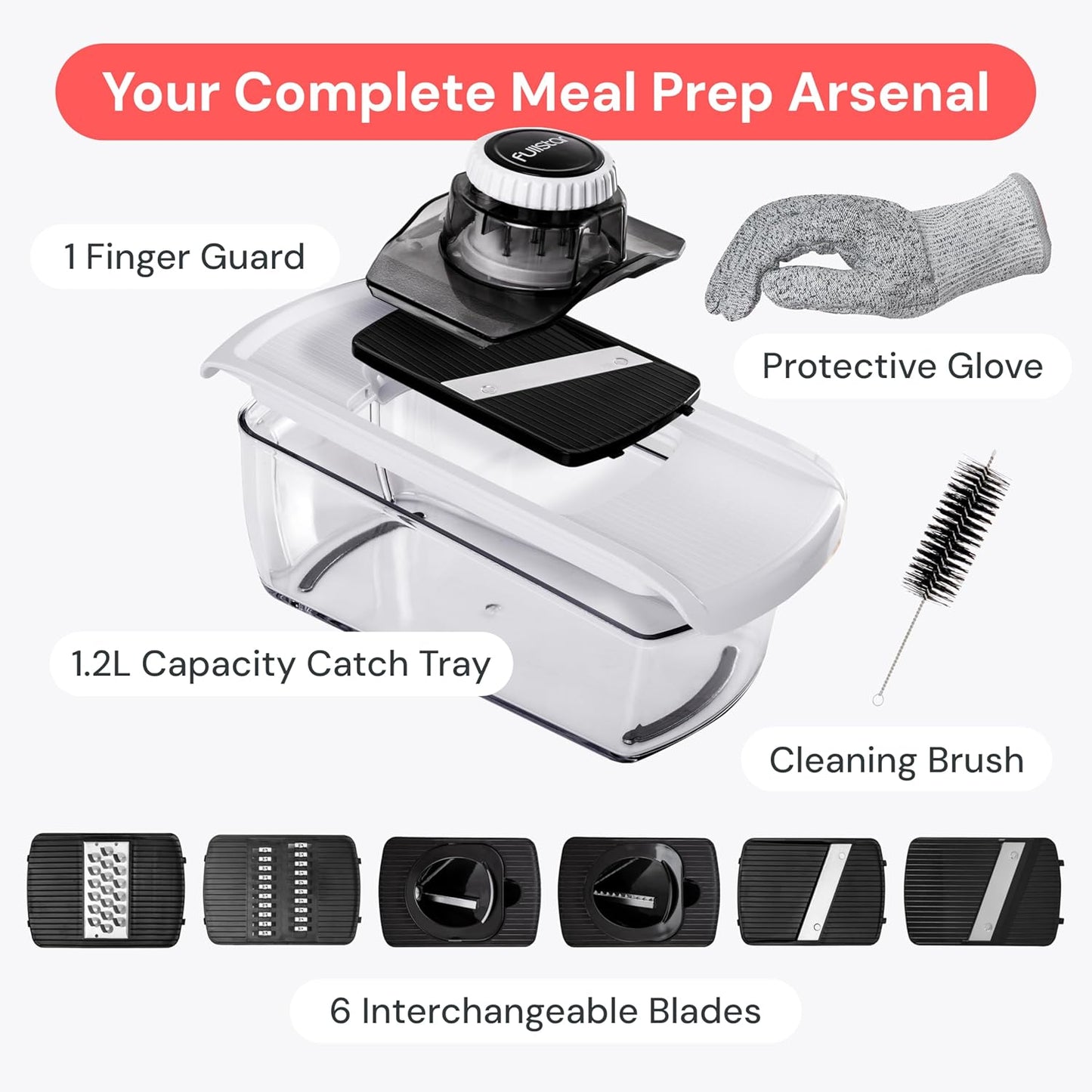 Fullstar Mandoline Slicer with Safety Glove and Fingerguard – Family-Safe Veggie Cutter for Busy Parents, BPA-Free White 6-in-1