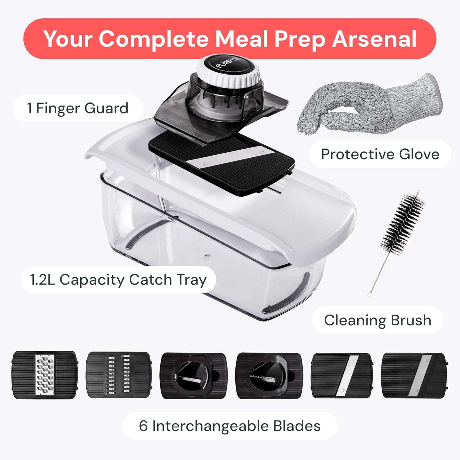 Fullstar Mandoline Slicer with Safety Glove and Fingerguard – Family-Safe Veggie Cutter for Busy Parents, BPA-Free White 6-in-1