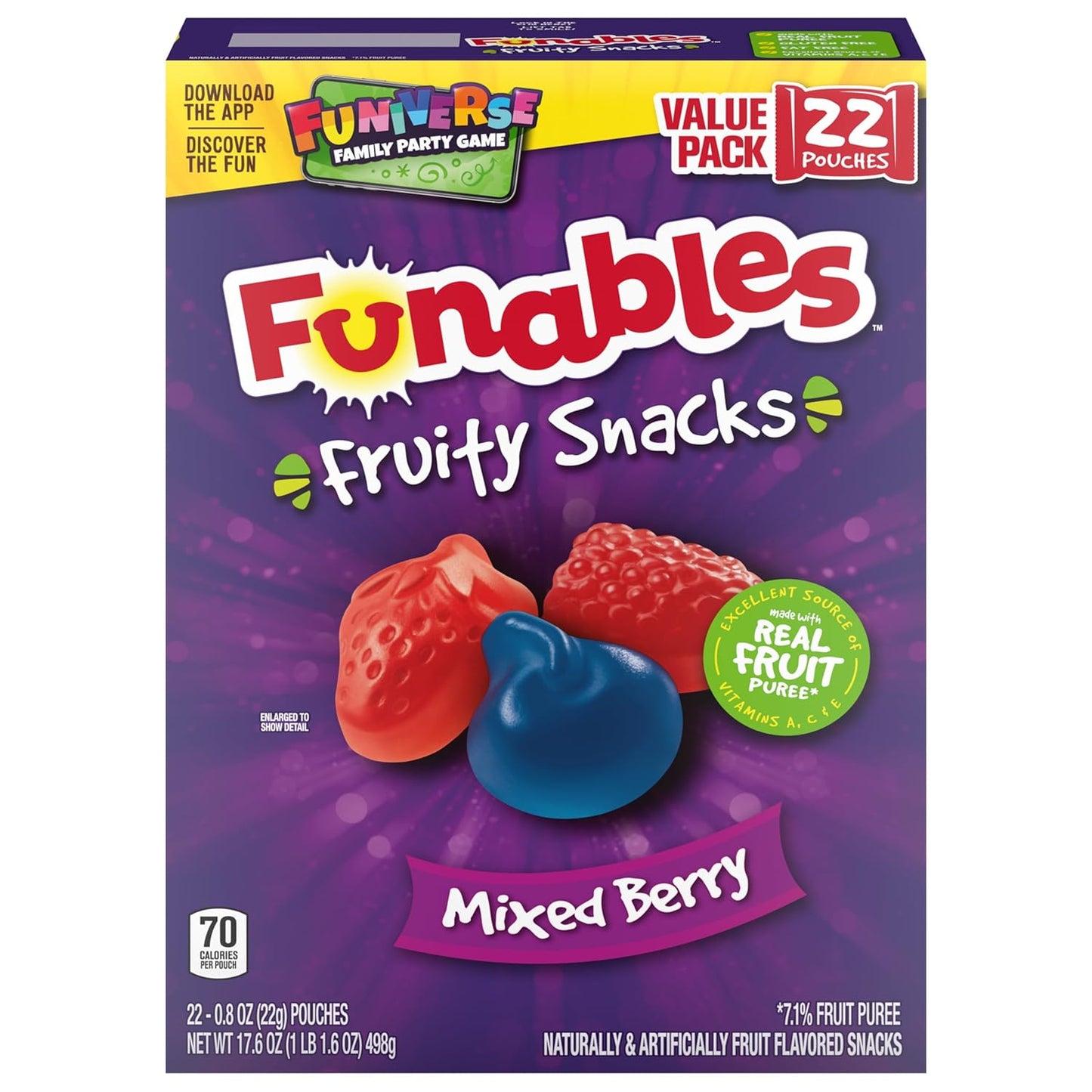 Funables Fruity Snacks Mixed Berry Pouches, Low-Calorie Guilt-Free Snack for Late-Night Cravings, 22-Count Box